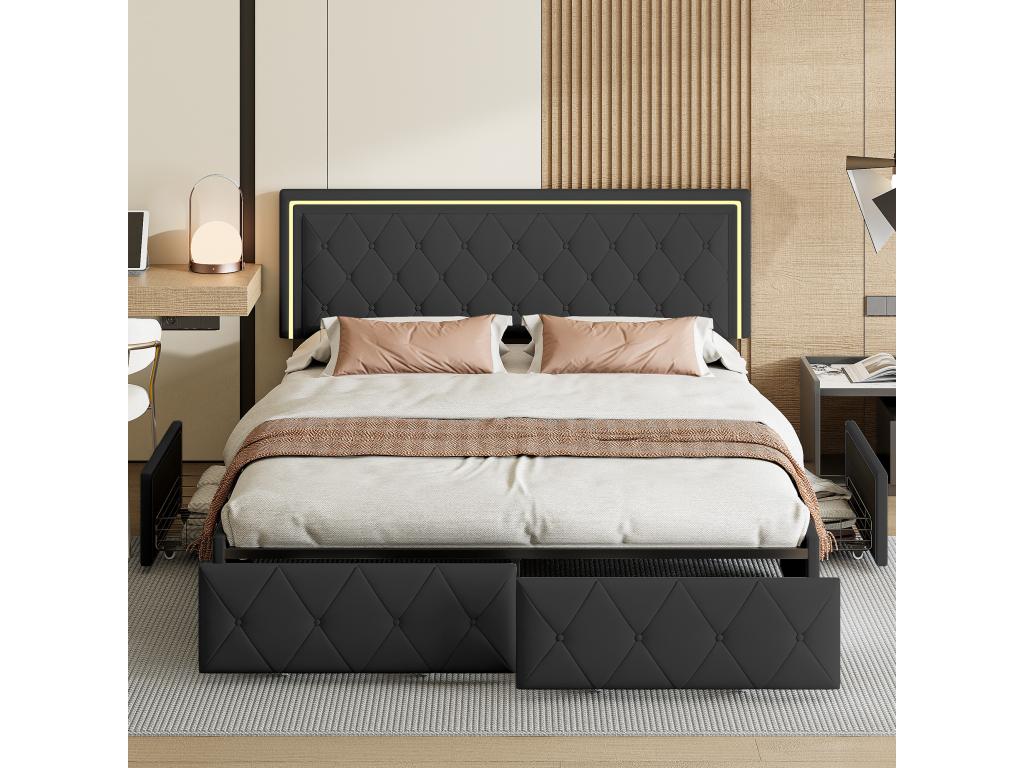 Black Faux Leather Bed, 140 x 200 cm