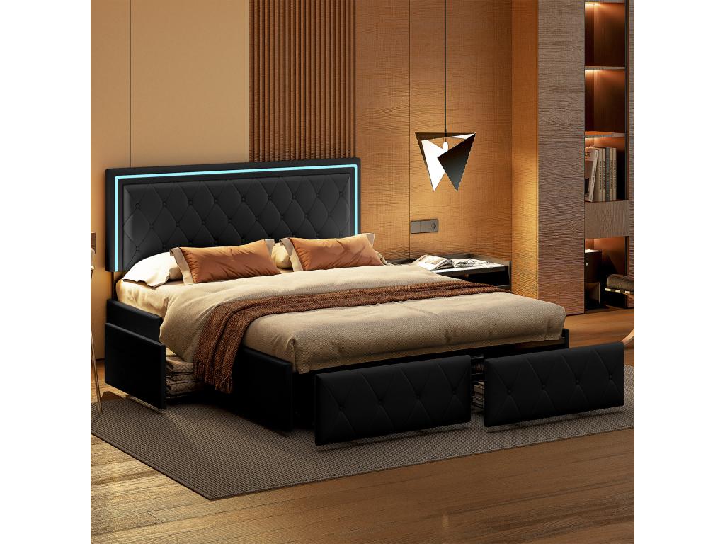 Black Faux Leather Bed, 140 x 200 cm