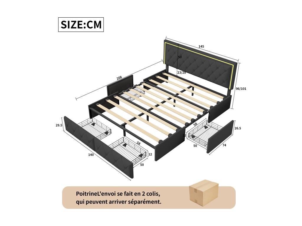 Black Faux Leather Bed, 140 x 200 cm