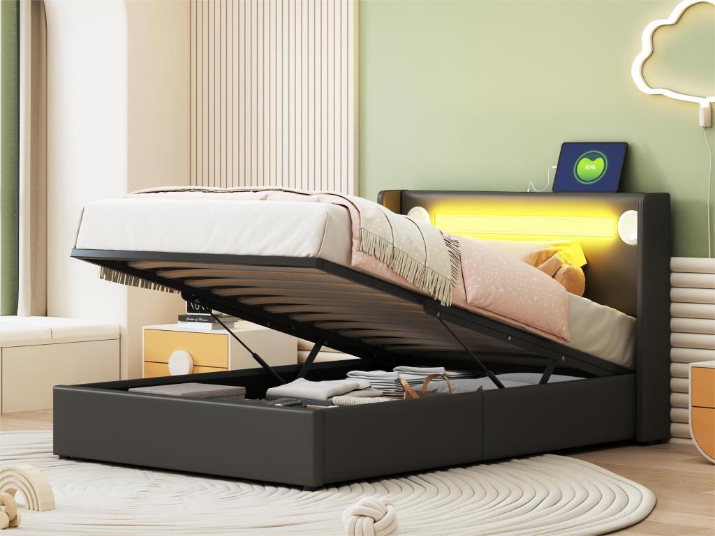 Black Faux Leather Bed, 90 x 200 cm